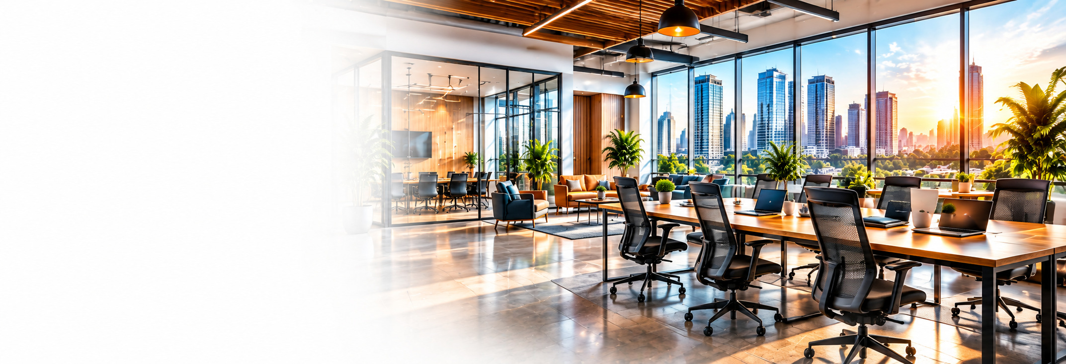 Sunlit co-working office with desks and a city view
