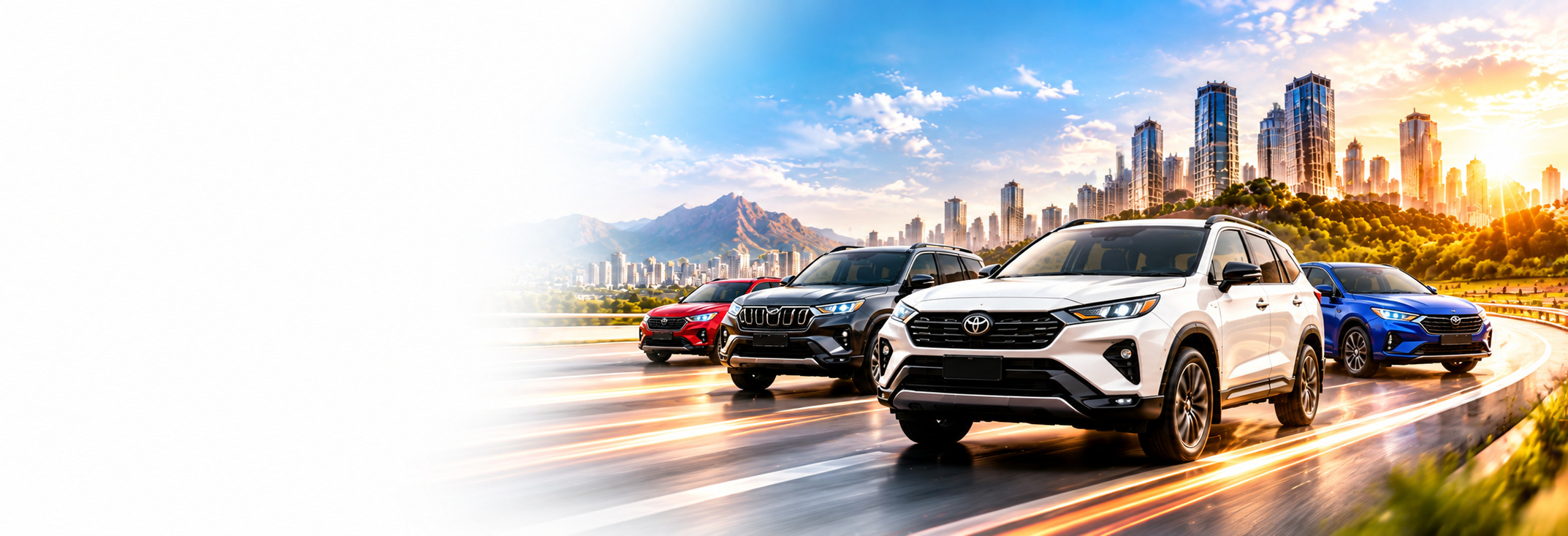 Self-drive cars on a highway with a city skyline