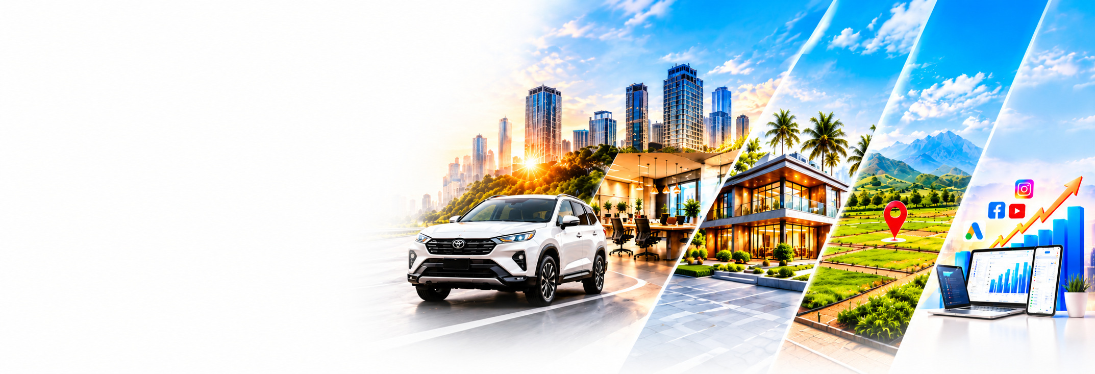 PR Solutions services including self-drive cars, co-working space, real estate, plots and digital marketing